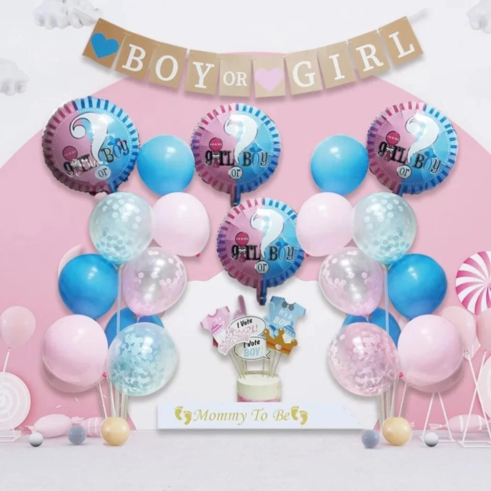 Kit de suministros de fiesta de revelación de género conjunto de decoración de globos niño niña accesorios de fotos prohibición Foto 3 de 4