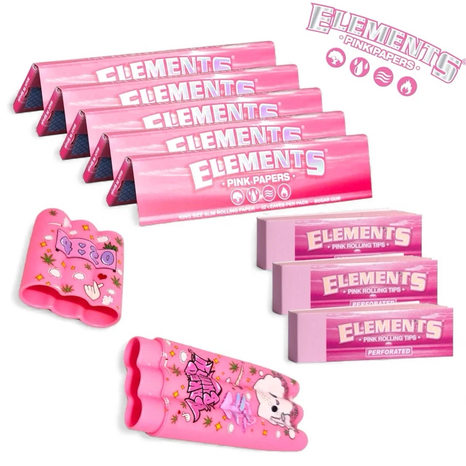 5 Element Pink King Size Papers + Tips + 3 Joint Cone Holder | Rolling Set