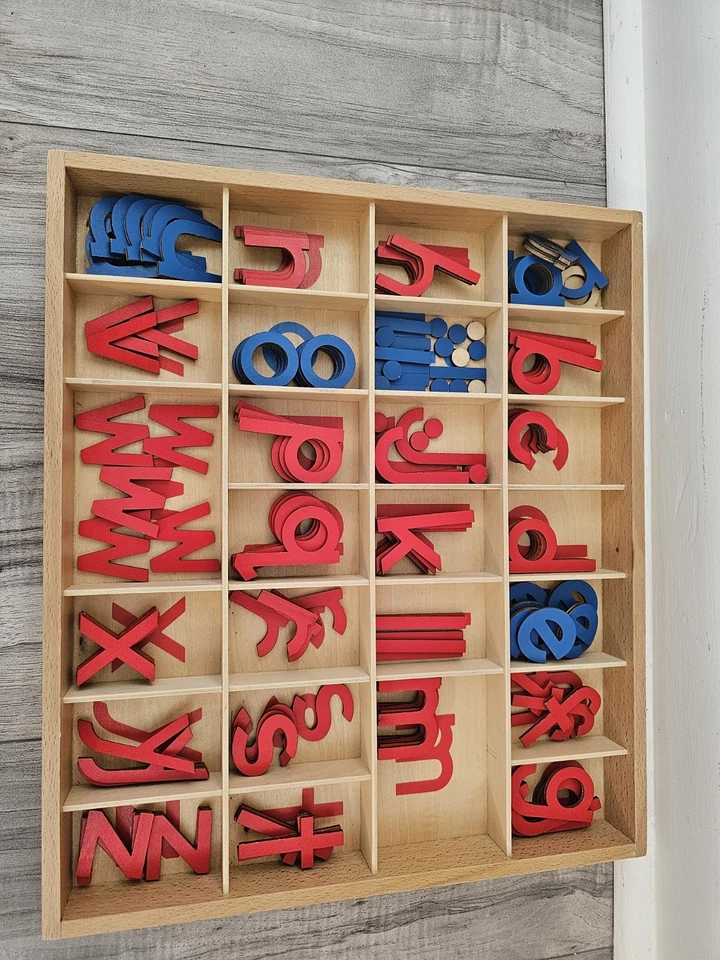 Montessori Wooden Box MOVEABLE Alphabet Red & Blue Learning Manipulables Letters - Image 3 of 4