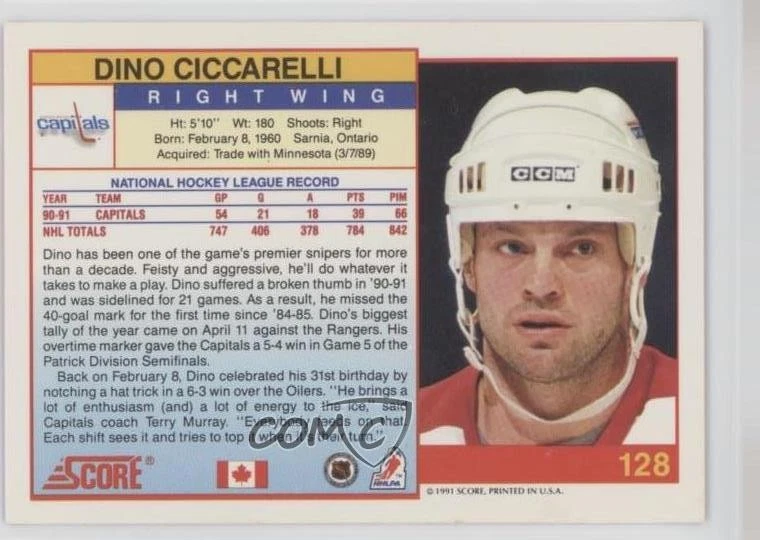 1991-92 Score Canadian Dino Ciccarelli #128 HOF - Image 2 of 2