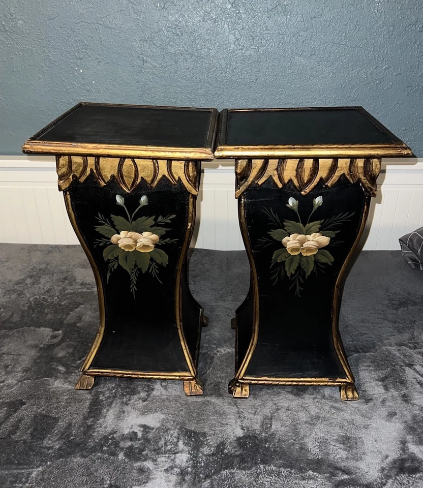 Vintage Pintado Planta Soporte Flor Floral Negro Oro Acentos Mediados de Siglo Retro Foto 2 de 4