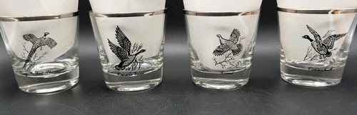 4 Vtg Federal Glass Wild Game Bird Lowball Rocks Silver Rim Sportsman Grouse