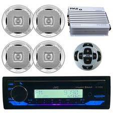 JVC Single DIN Stereo Receiver, 4x 5.25" Speakers, Waterproof Amplifier, Remote