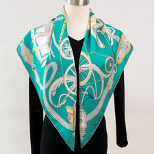 18 Momme Twill Silk Scarf 35'' Square Shawl Neckerchief Green mark Print Wrap