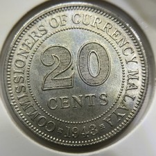 1943 Malaya Twenty 20 Cent Coin - ChUNC - Silver Commissioners of Currency