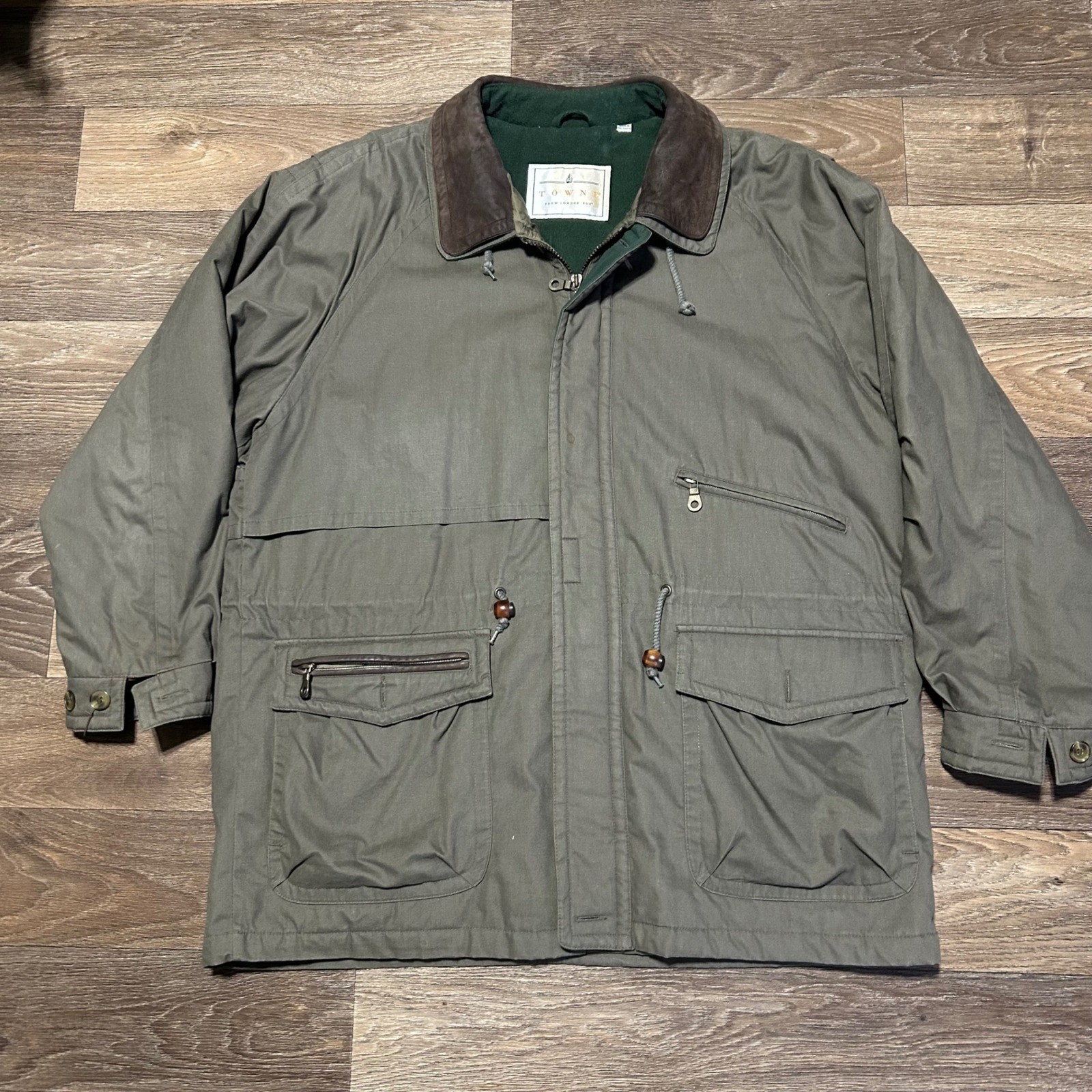 TOWNE FROM LONDON FOG Mens Khaki Utility Jacket Lined Leather Collar