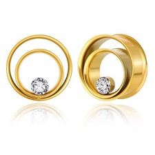 2PCS Double Tunneled Crystal Ear Plugs Tunnels Hypoallergenic 316 Stainless S...