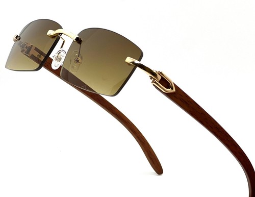 Herren Vintage Gold Gestell Randlos Hip Hop Schwarz Holzmaserung Klare Gläser Brille - Bild 90 von 104