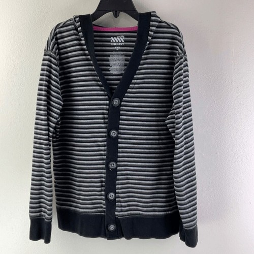 Old Navy Long Sleeve Hoodie Button Down Black & Grey Stripe Girls Size M - 8 - Picture 9 of 9