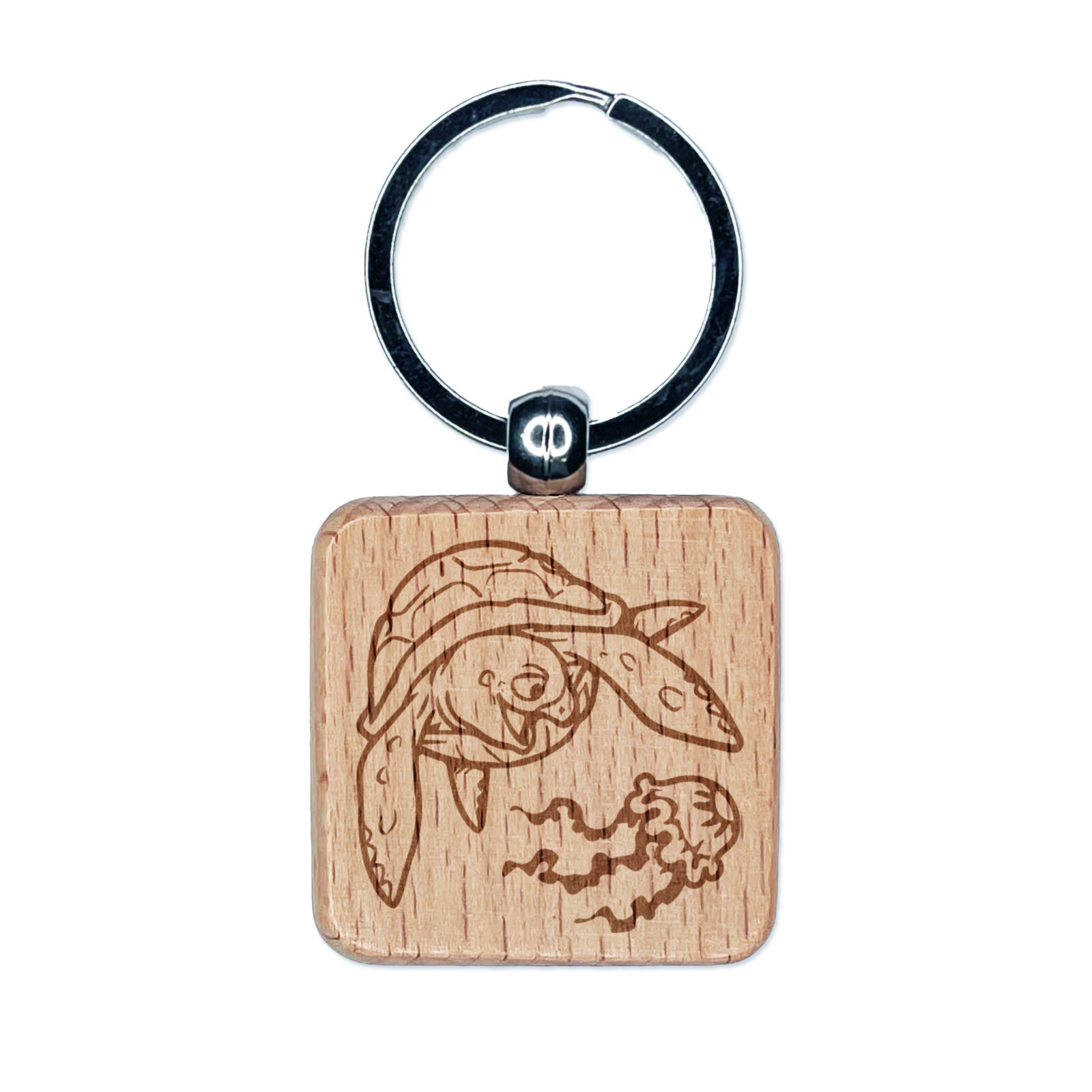 Gnarly Sea Turtle and Jellyfish Engraved Wood Square Keychain Tag Charm