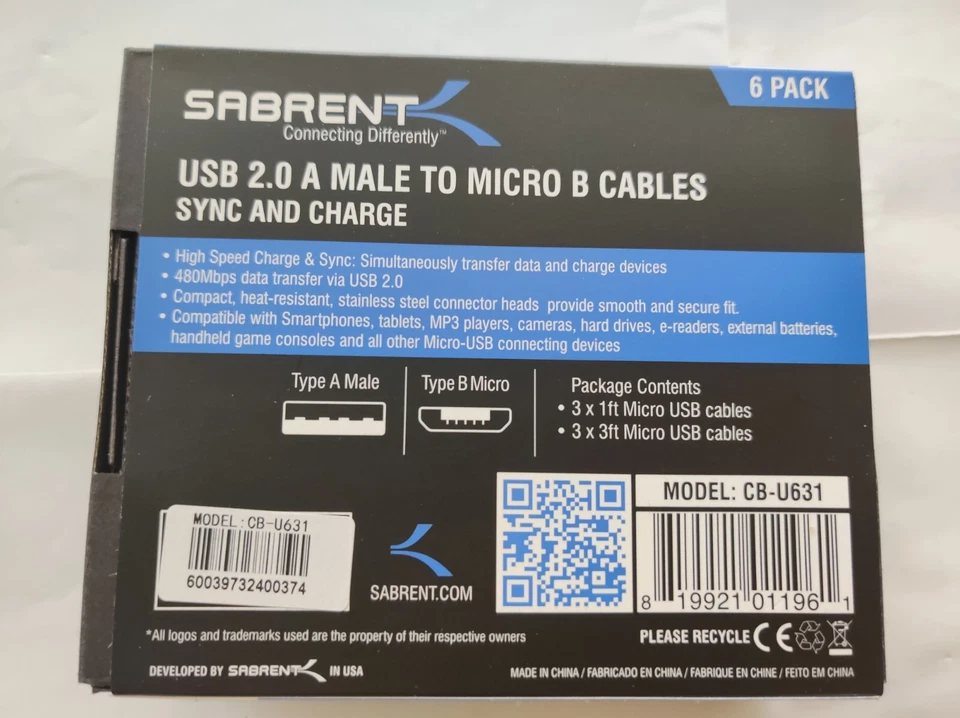 Sabrent CB-M63W 6-Pack Micro USB Cables USB 2.0 A Male to Micro B 1ft/3ft - Image 2 of 3
