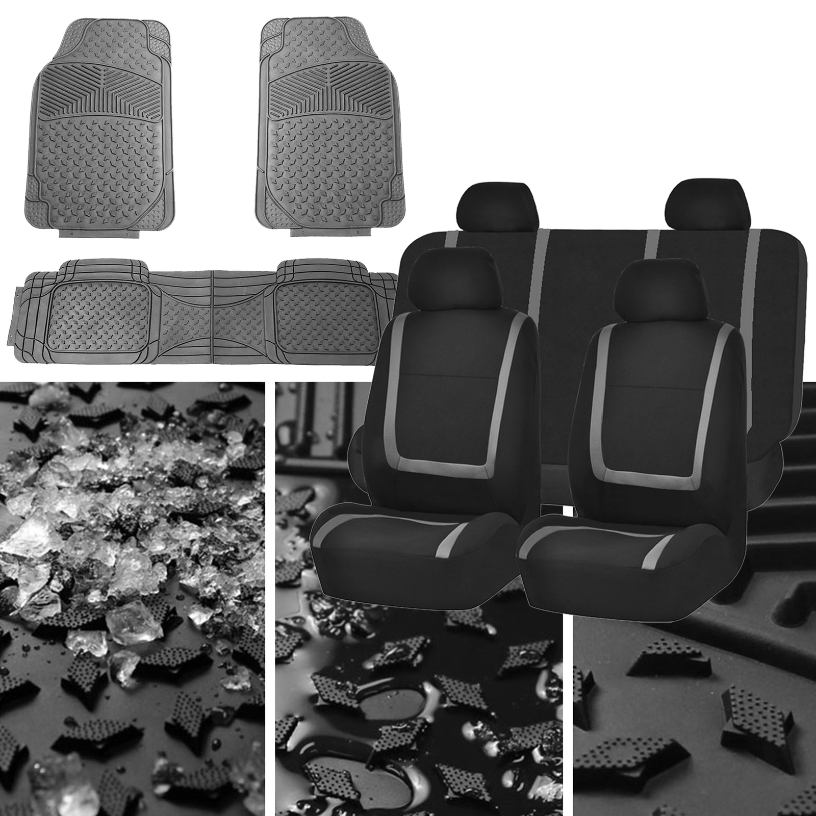 Car Seat Covers Gray Black Full Set for Auto w/Heavy Duty Floor Mats 4 Head Rest