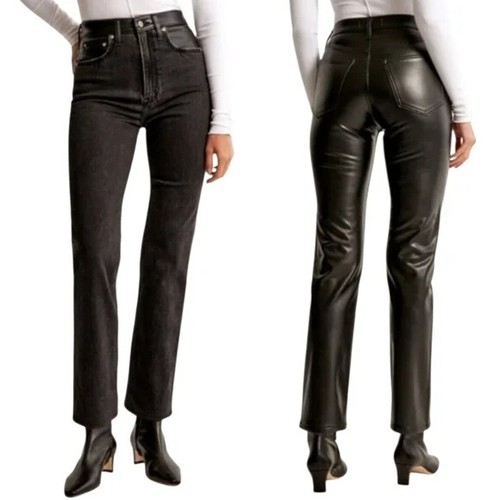Abercrombie & Fitch Kunstleder Ankle Straight Ultra High Rise Jeans Schwarz 27 4