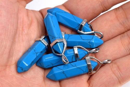 2 Pcs 40x8MM Turquoise Beads Hexagonal Pointed Pendant AAA Silver Plated Cap - Picture 3 of 3