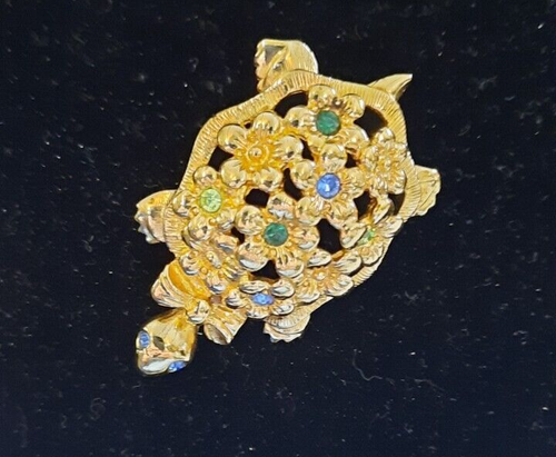 VINTAGE 1970 AVON TURTLE BROOCH " FLOWER POWER TURTLE " W/MULTI-COLORED STONES - Foto 1 di 4