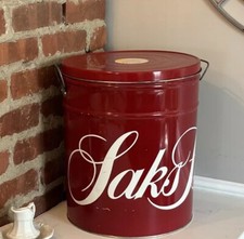 VTG Saks Fifth Avenue Red  White Popcorn Tin Rare Luxe DECOR