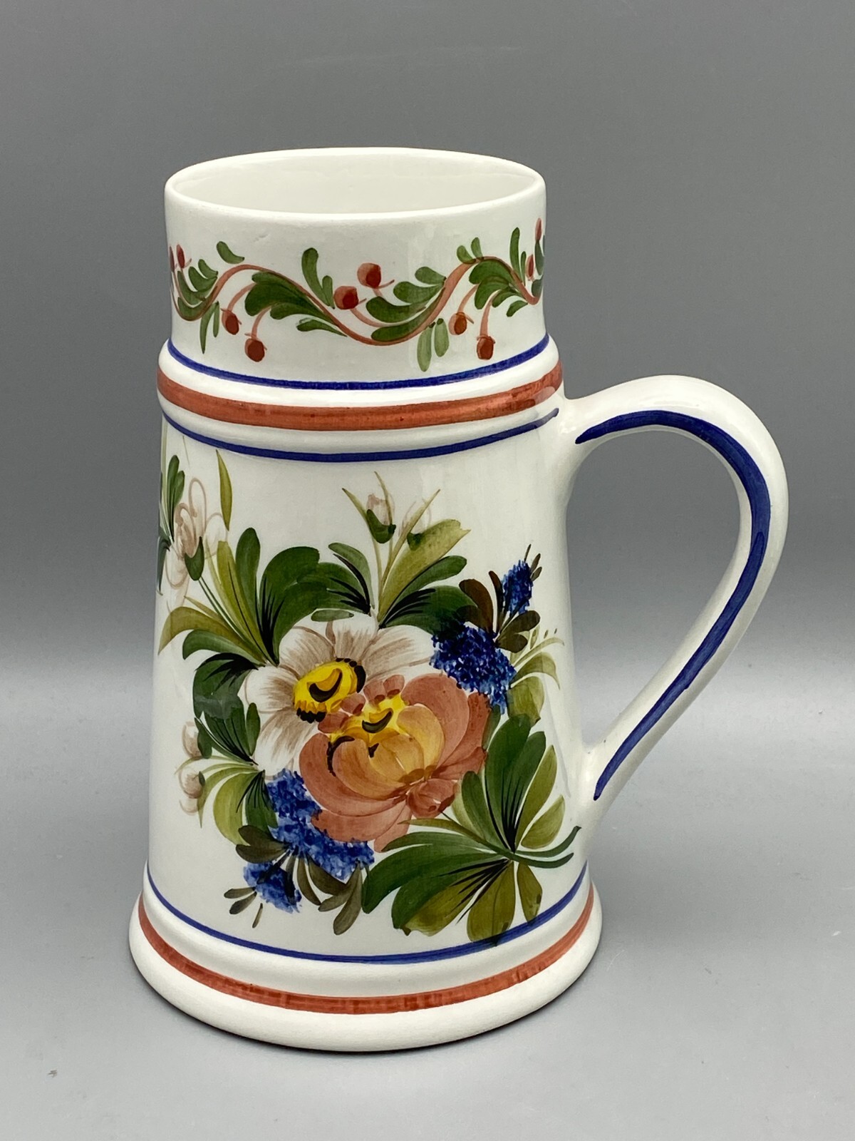 Floral Polychrome Hand Painted Pitcher Jug Flower Pot 7.25"