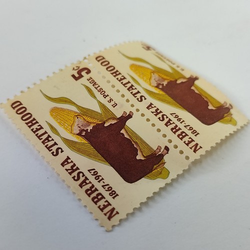 5 Cent Nebraska Statehood 1867-1967 2 Stamp Block Unposted Old Gum Vintage Cow - Picture 5 of 6