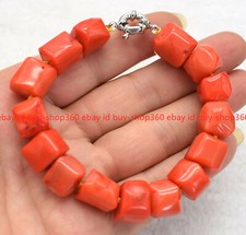 100 Natural 12-14mm Orange Cylinder Coral Gemstone Beads Bracelet 7.5"