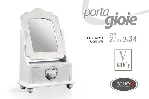 SPECCHIO PORTA GIOIE GIOELLI TRUCCHI TAVOLO SHABBY CHIC BIANCO CUORE 21*10*H34cm - Foto 4 di 4