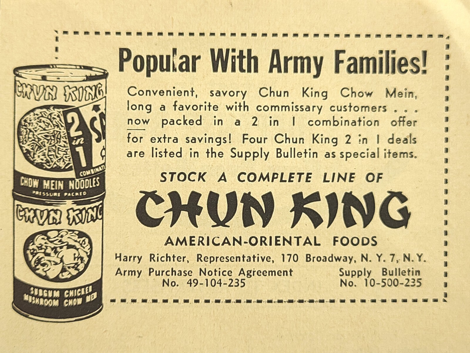 Chun King Chow Mein American-Oriental Foods Army Families Vintage Print Ad 1953