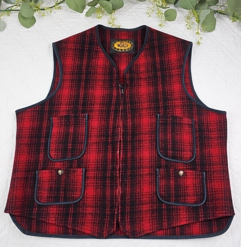 Woolrich Men's Red Plaid Full Zip Wool Vest Size L Classic 4