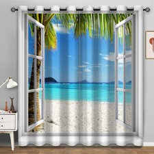 Ocean Beach Blackout Curtains Tropical Palm Trees White Wooden Window Scenery...