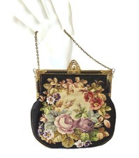 Vintage Floral Petit Point Purse With Ornate Gold Frame