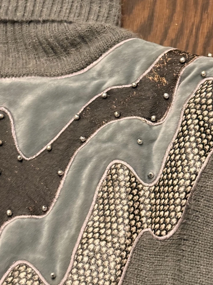 Vestido Suéter Vintage Años 80 Abstracto De Gran Tamaño Almohadillas para los Hombros Grandes Cuello Alto Gris Foto 4 de 4