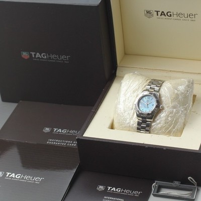 Near MINT TAG Heuer Aquaracer WAF1417 Date Blue Mop Quartz Ladies Watch Full Set