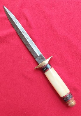 13'' Damascus Steel Dagger w/ Bone Grip Hardened Double Edge & Leather Sheath