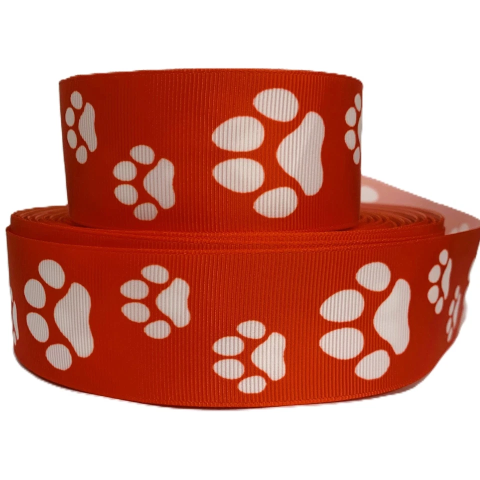 GROSGRAIN RIBBON  7/8", 1.5" White Paw Prints on Red  Ribbon Printed Dog Pups - Image 2 of 2