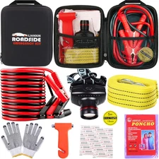 Emergency Car Kit with Jumper Cables, Tow Straps, Safety Hammers  Gloves