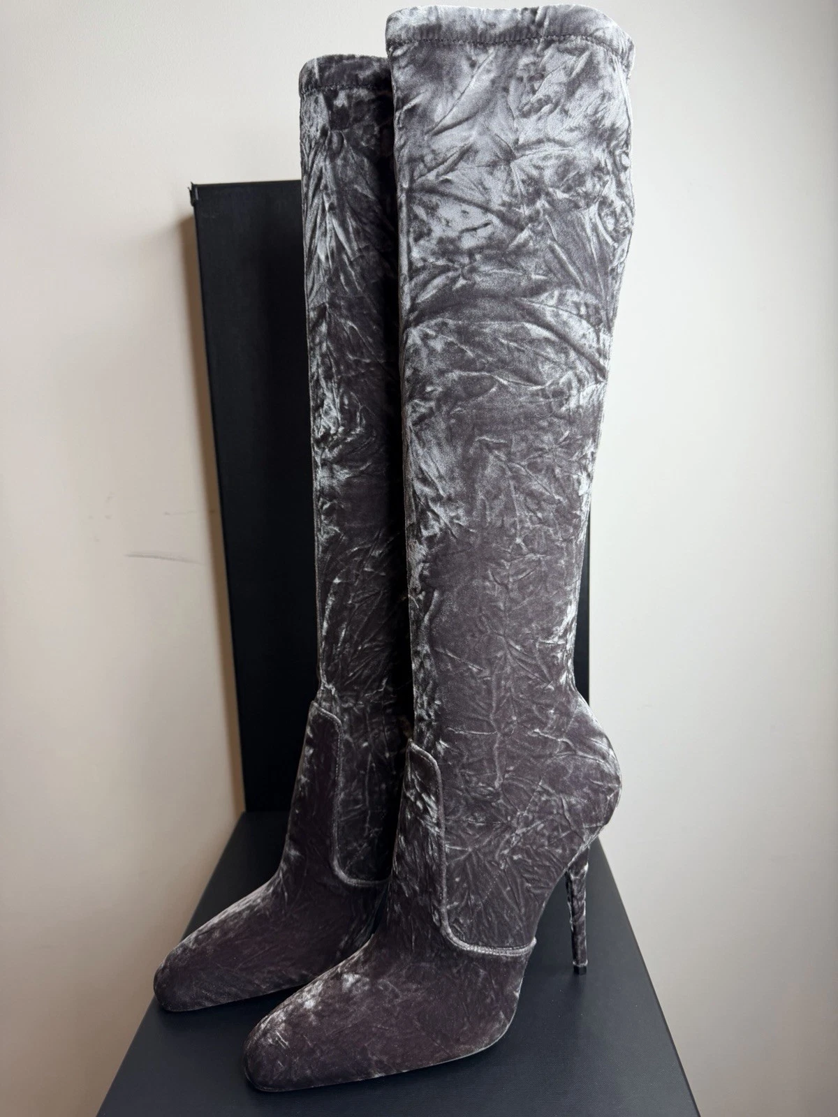 Saint Laurent — YSL Saint Laurent Women’s Grey Velvet Knee High Sock Boots Size 5UK/EU38