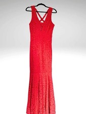 Red Lace Sleeveless Long Gown V-Neck Floral Pattern with Criss Cross Open Back