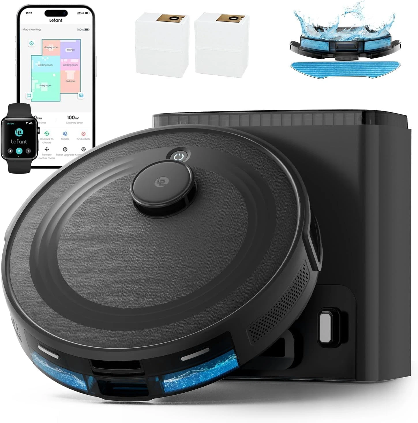 Lidar Robot Vacuum & Mop, Self-Emptying, 6000Pa, Multi-Floor Mapping, Black