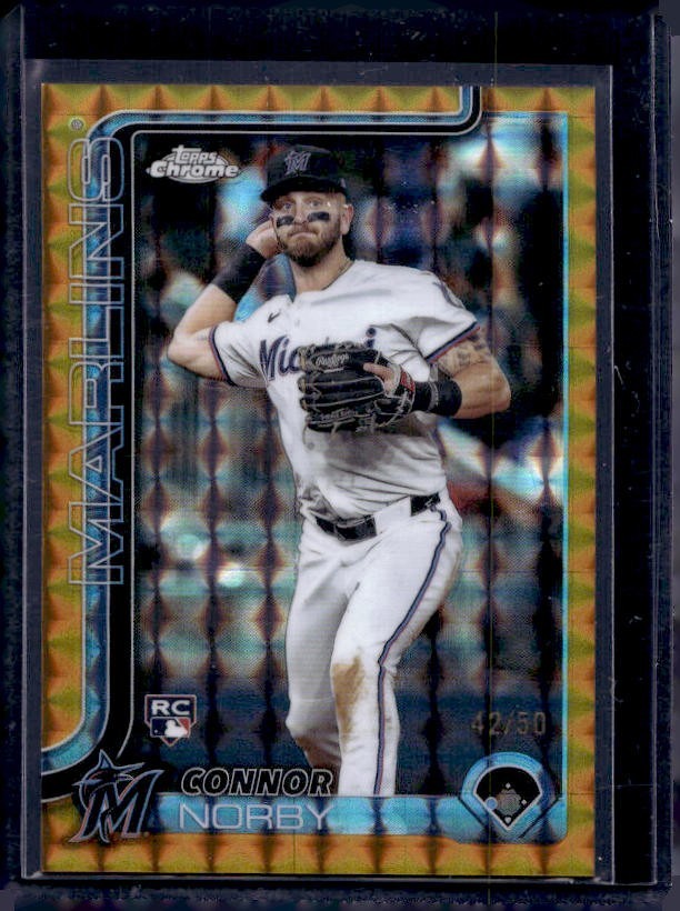 CONNOR NORBY 2025 TOPPS CHROME #199 GOLD Geometric REFRACTOR /50 RC MARLINS