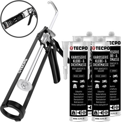 4x TECPO KAROSSERIE KLEBE und DICHTMASSE 370g SCHWARZ + SKELETT-KARTUSCHENPRESSE