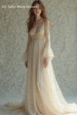 Beige Boho Wedding Dress Spaghetti Straps A-Line Long Lace Bridal Gowns Sleeves