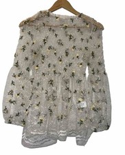 ANNA SUI shirt top blouse lace mesh flower floral embroidered white yellow med
