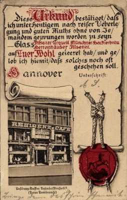 Urkunden Passepartout Ak Hannover, Residenz Café, Bahnhofstraße 6... - 11589943