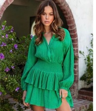 LUSH Women’s Sz M Jade Green Smocked Waist Tiered Ruffle Long Sleeve Mini Dress