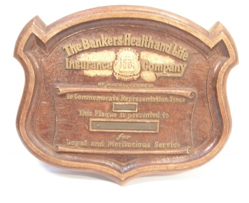 VINTAGE SYROCO WOOD MERIT PLAQUE BANKERS HEALTH & LIFE INSURANCE MACON GEORGIA