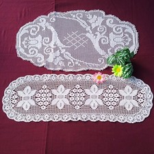 2 Handmade DOILY/Table runner CROCHETED FILLET LACE White with Floral Pattern.