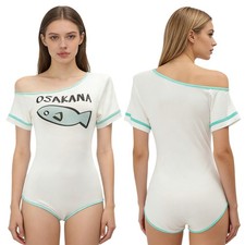 White Womens Anime-style Bodysuit Swimwear Off Shoulder Short Sleeve Cute Print