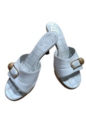 CHANEL Mules Coco Mark Wood Buckle Leather White Women's Size EU36/US5.5