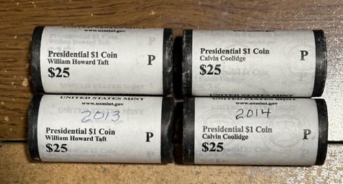 (2) 2013 P TAFT + (2) 2014 P COOLIDGE $25 UNCIRCULATED PRESIDENTIAL DOLLAR ROLLS