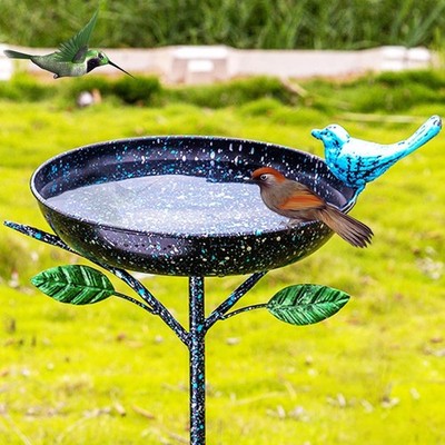 41'' Tall Black, Metal Birdbath with Stake, 9.4'' Bowl & Decorative Cast Iron Bird