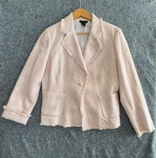 W.O.N.Y. 14 Blazer Pink Tweed Chanel Style Fringe Trim One Button Lined Jacket