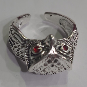 Silver Tone Stainless Steel Owl Band Ring Size 7 Adjustable Red Eyes 2 Stones